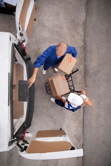 Equipo de Transportes Rojas trasladando cajas